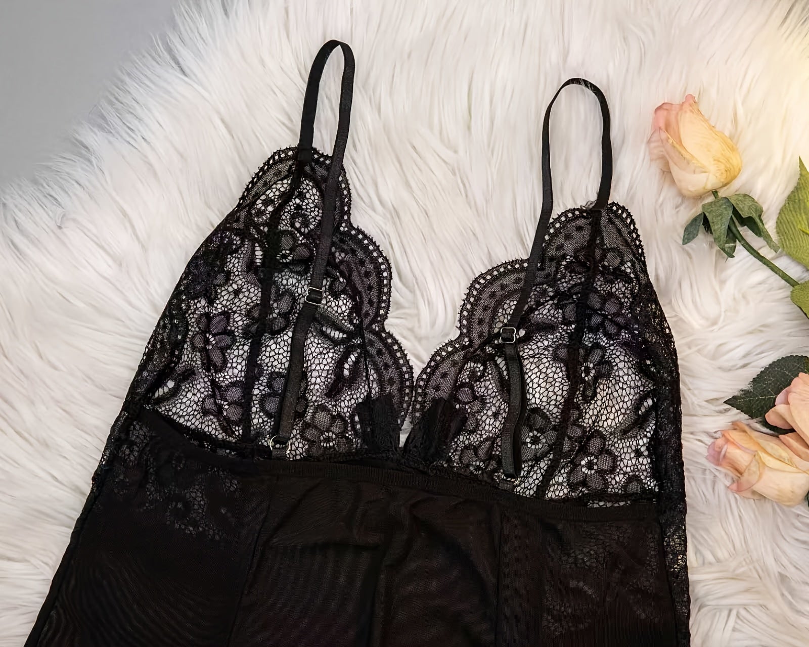 Seductive Sheer Lace Mesh Slip Dress - Alluring Deep V-Neck, Backless Scallop Trim Babydoll - Feminine Womens Lingerie & Underwear