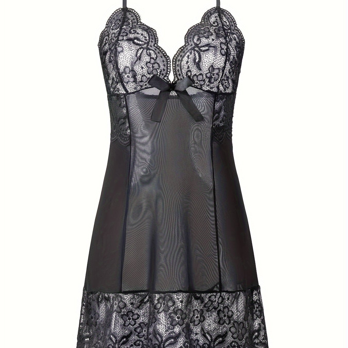 Seductive Sheer Lace Mesh Slip Dress - Alluring Deep V-Neck, Backless Scallop Trim Babydoll - Feminine Womens Lingerie & Underwear