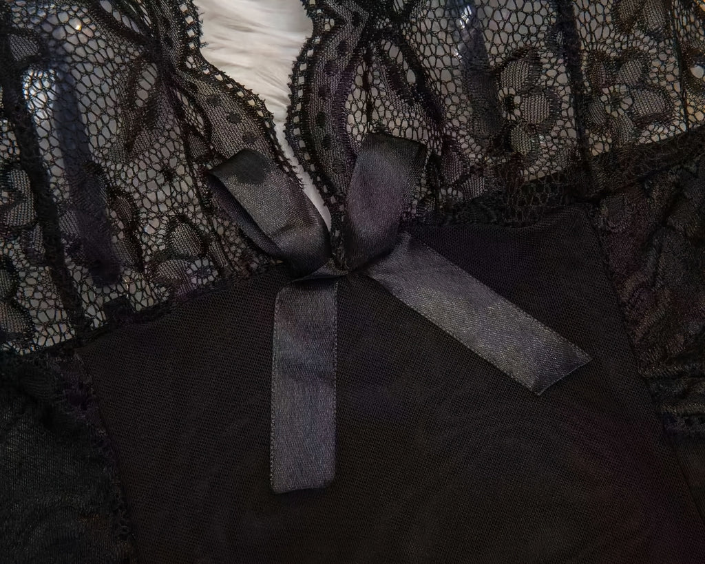 Seductive Sheer Lace Mesh Slip Dress - Alluring Deep V-Neck, Backless Scallop Trim Babydoll - Feminine Womens Lingerie & Underwear