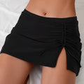 High Stretch Ruched Swim Bottoms - Adjustable Drawstring Waistband, Flattering Side Split Design, Solid Black Color - Womens Swimwear & Beachwear Essential