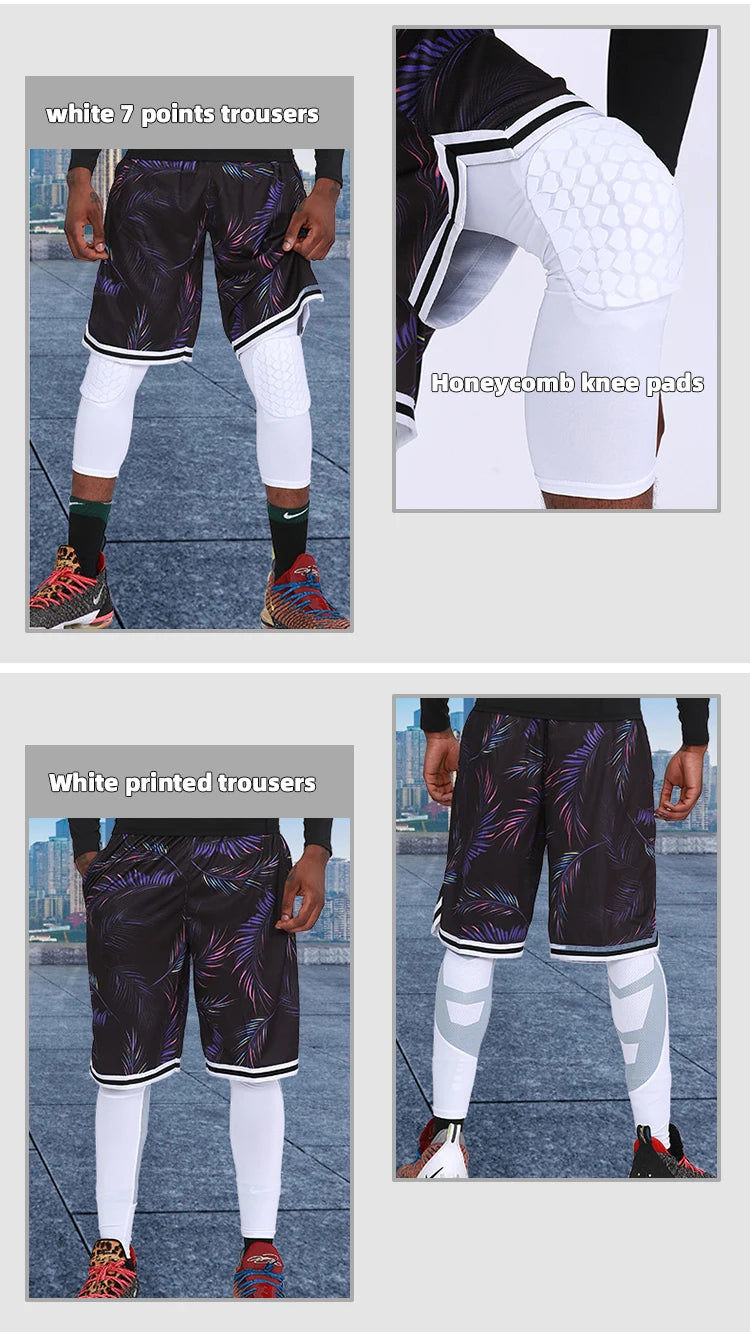 Sports Pants with Knee Pads 3/4 Compression Black Leggings Tights Mens Boys Youth Pants  Football Quick Dry  Workout Leggings