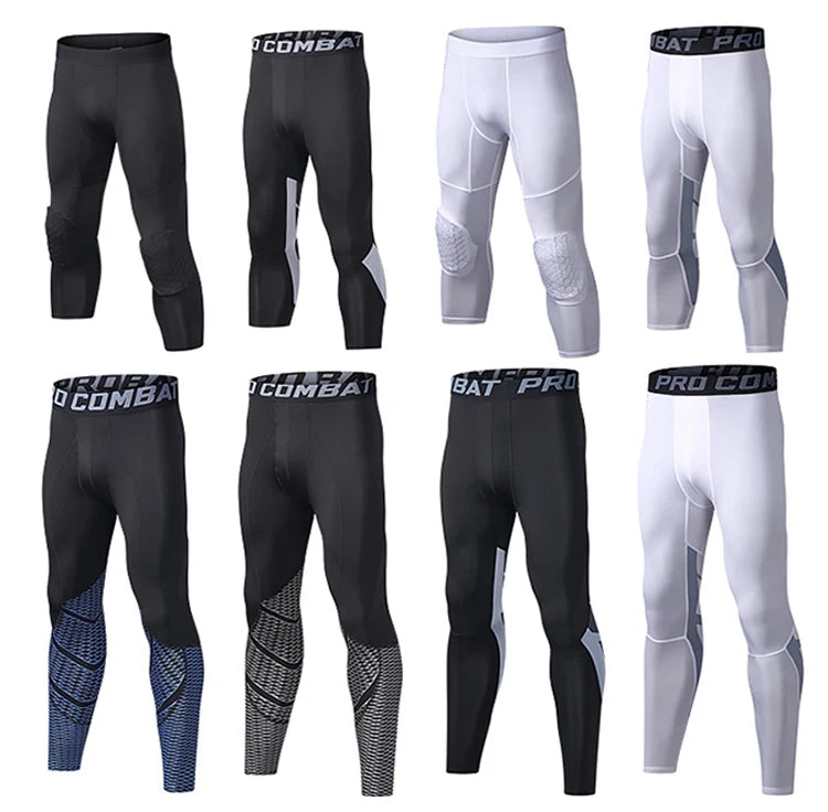 Sports Pants with Knee Pads 3/4 Compression Black Leggings Tights Mens Boys Youth Pants  Football Quick Dry  Workout Leggings