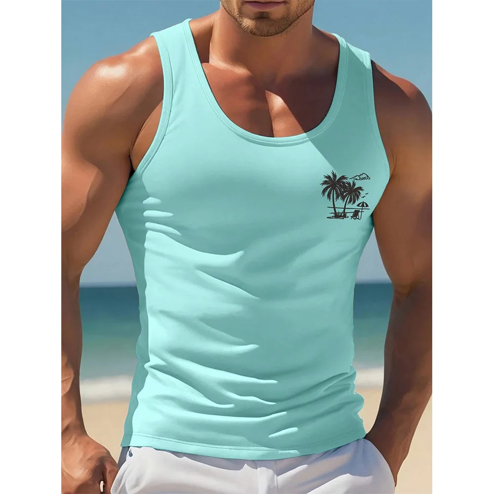 Hawaii Beach Beach Resort Casual Crew-neck Men's Tank Top Street Fashion Harajuku Fresh Coconut Print Men's Casual Tank Top