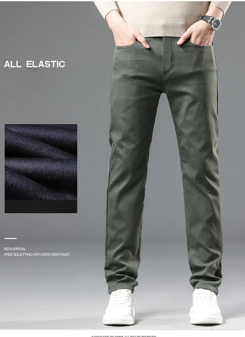 Fleece Pants Men's Winter Thick Slim Elastic Business Casual Velvet Pants Warm Fashion Solid Color Plush Trousers Male