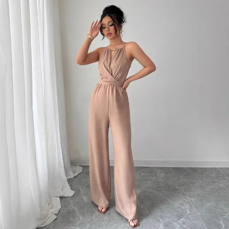 Women's Casual Halter Jumpsuit Spring and Summer Daily Solid Slim-Fit Backless Sleeveless Jumpsuit Lady's Floor-Length Trousers