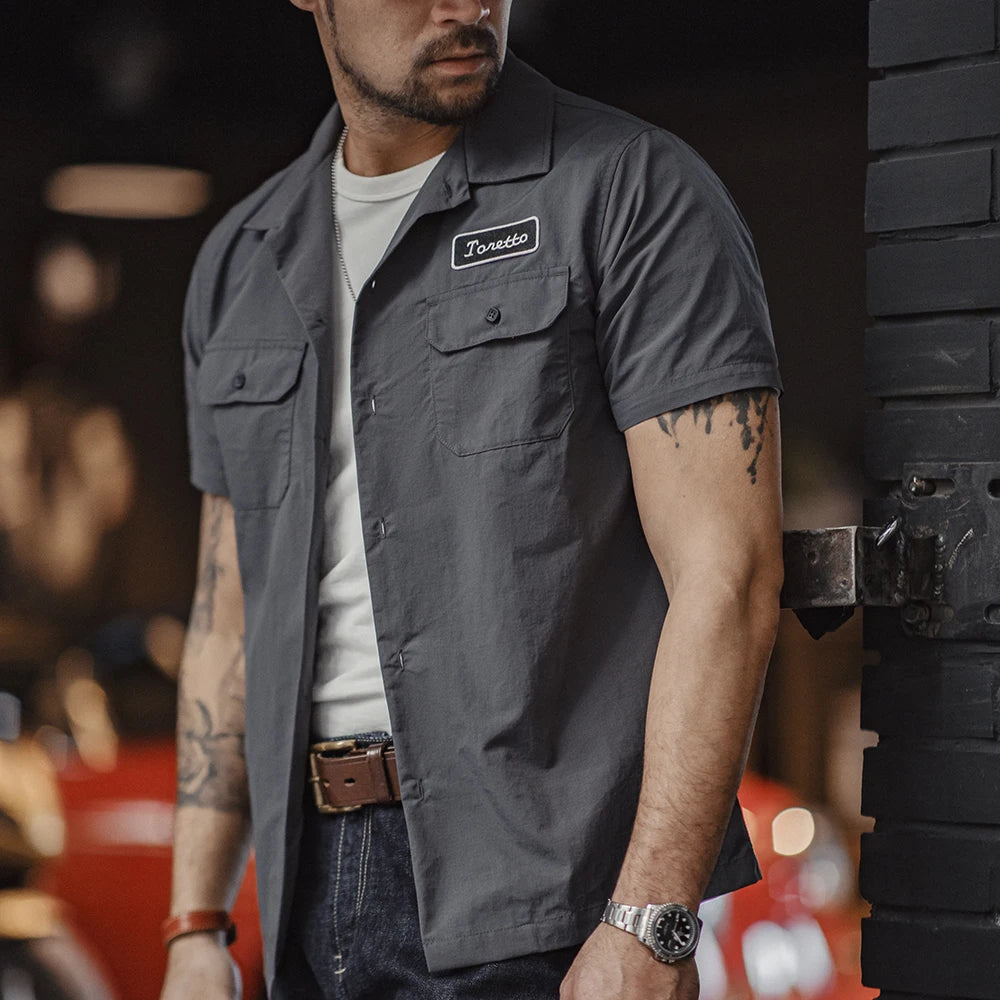 Maden Retro Toretto Short-sleeved Shirt Dark Gray Single-Breasted Large Size Lapel Thin Shirt for Men's Summer Tops