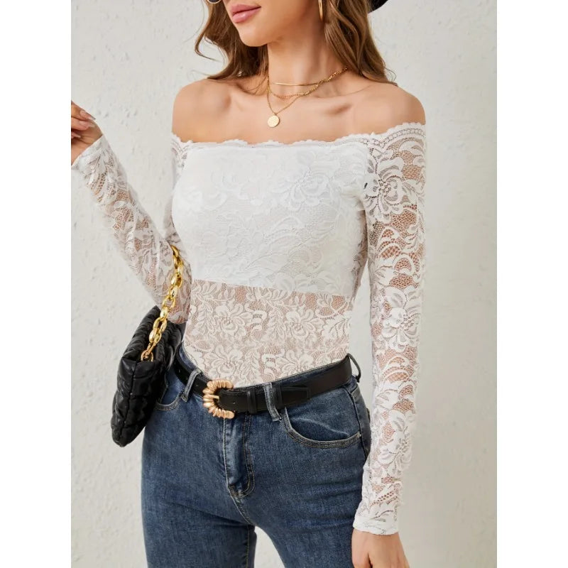 Sexy Off-shoulder Slim Fit Lace Blouse Women Fashion Long Sleeve  Casual T-shirt Streetwear Solid Hollow Out Elegant Top