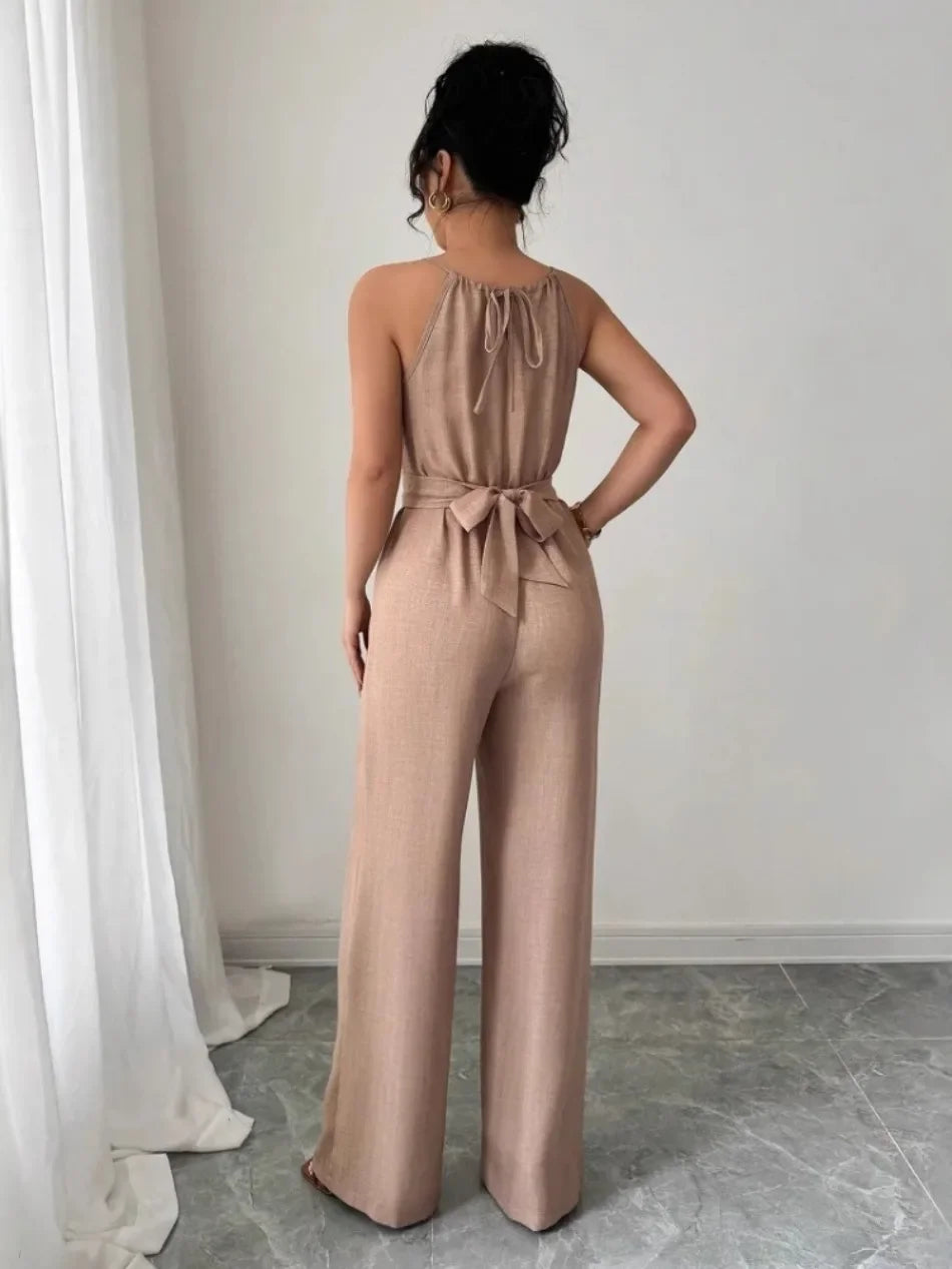 Woman Jumpsuits Elegant Summer Fold Off Shoulder Beads Jumpsuits Fashionable Slim Fit Belt Button High Waist Wide Legs Jumpsuits