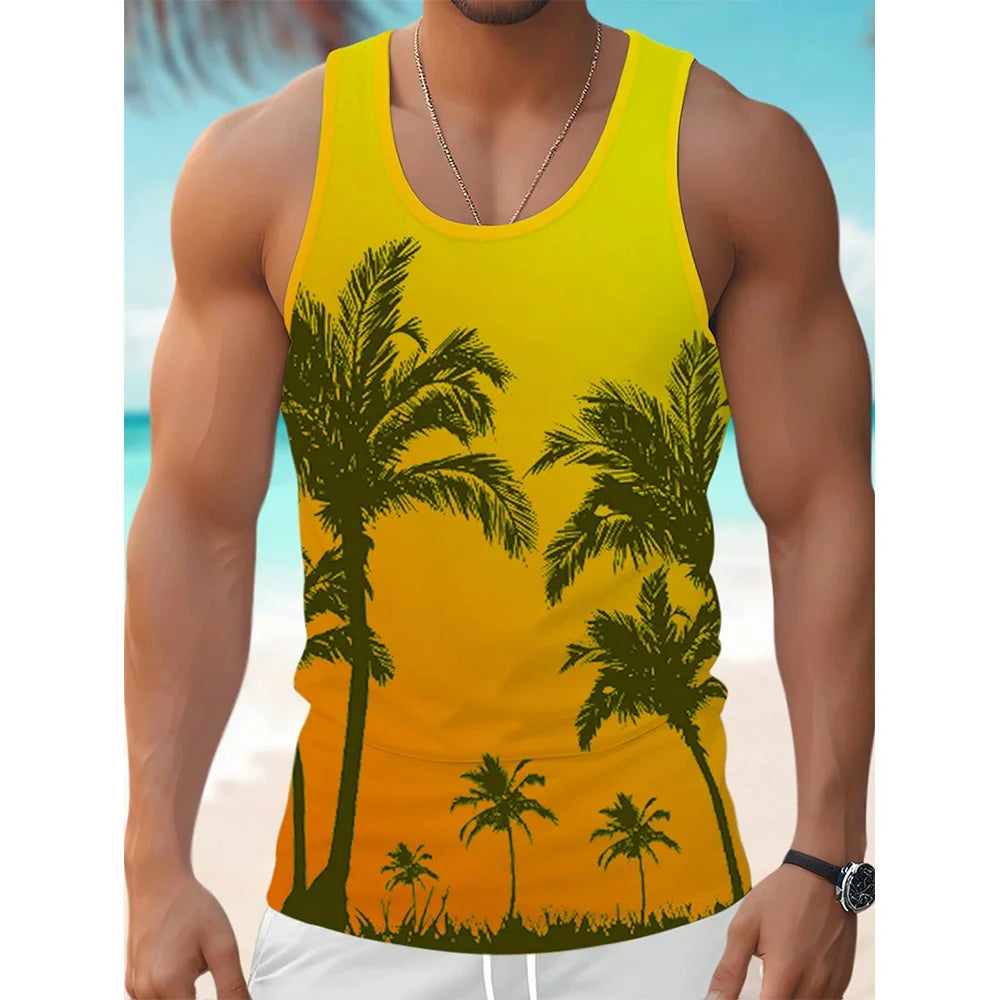 Hawaii Beach Beach Resort Casual Crew-neck Men's Tank Top Street Fashion Harajuku Fresh Coconut Print Men's Casual Tank Top