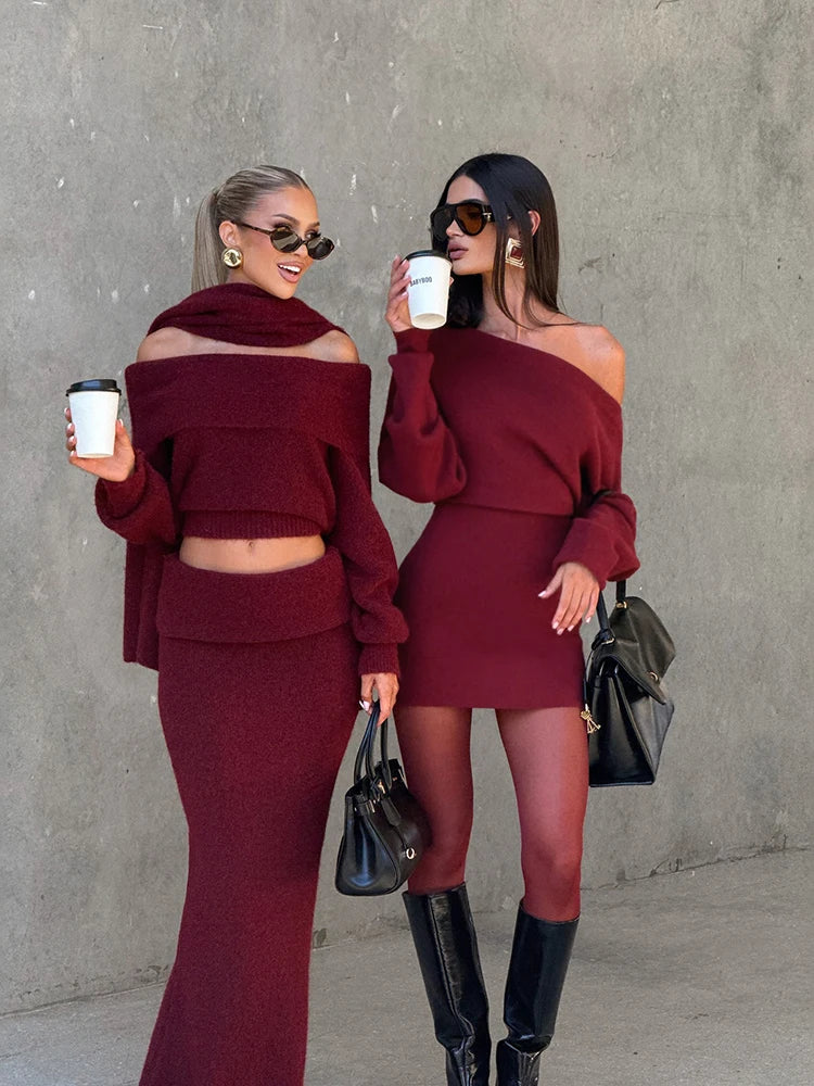 Kliou Female Elegant Mini Dress Autumn Trend Slash Neck Backless Full Sleeve Wrap Hip Street Fashion Basic Classic Style Bodycon