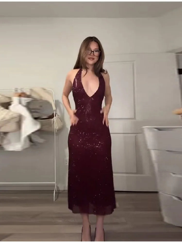 Women's Elegant Maxi Dress, Red, Shinny with Diamonds, A-Line Deep V Neck, Sleeveless Dress