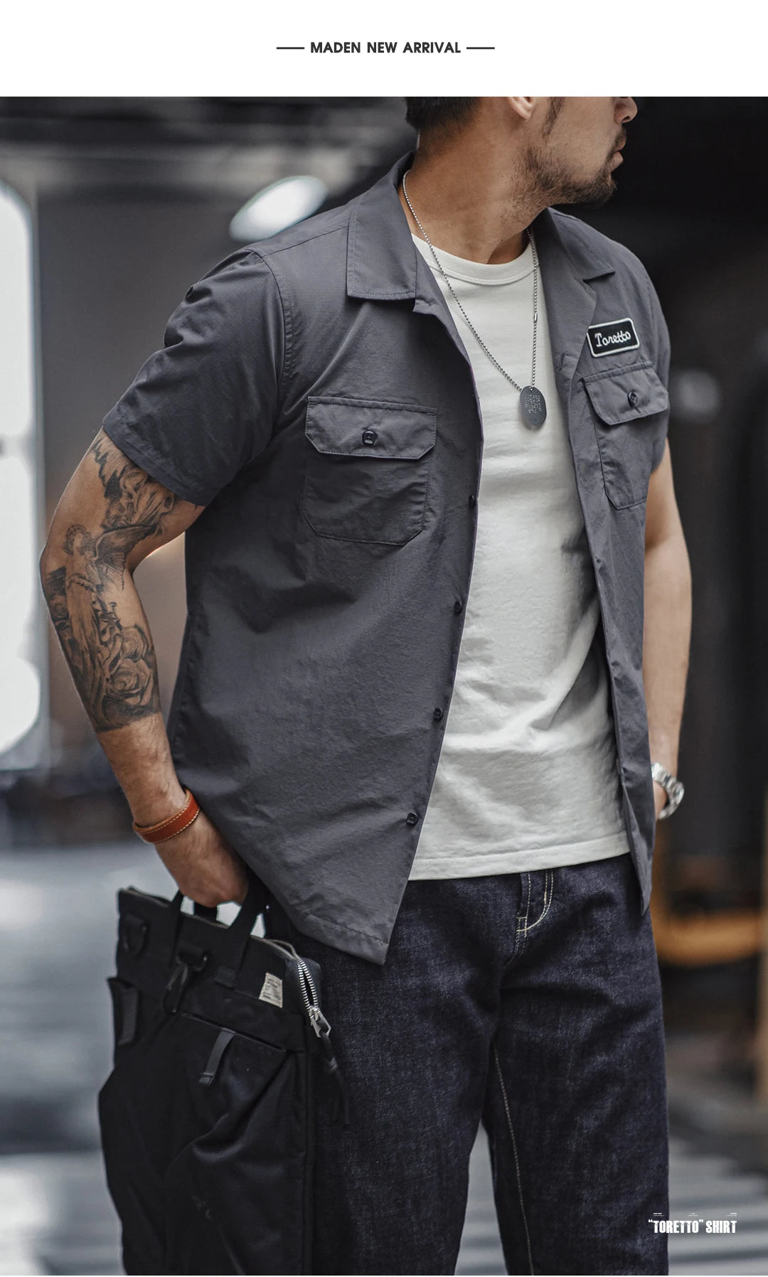 Maden Retro Toretto Short-sleeved Shirt Dark Gray Single-Breasted Large Size Lapel Thin Shirt for Men's Summer Tops