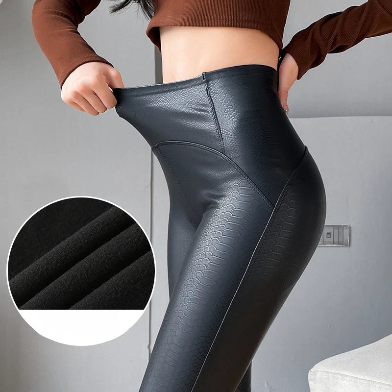 High Quality Faux Crocodile Leather Pants Women Texture Windproof Warm Fleece Leggings Autumn Winter Motorcycle Black Pants Lady