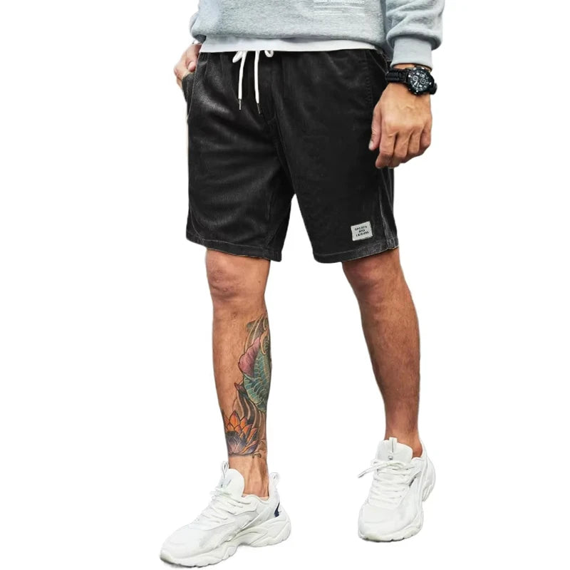 Summer Men's Corduroy Shorts Beach Elastic Waist Drawstring Casual Shorts Fitness Breathable Pants Sport Streetwear