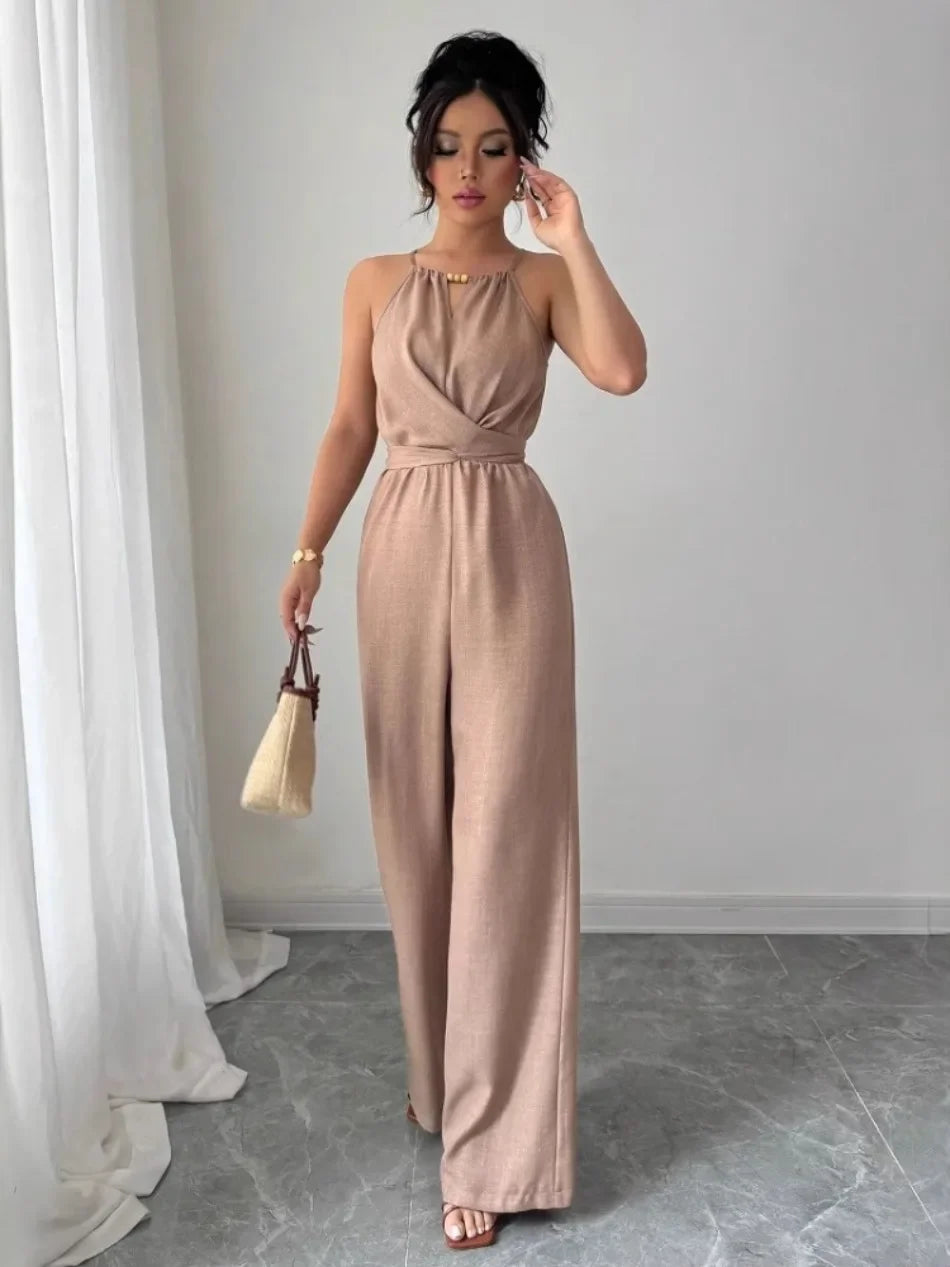 Woman Jumpsuits Elegant Summer Fold Off Shoulder Beads Jumpsuits Fashionable Slim Fit Belt Button High Waist Wide Legs Jumpsuits