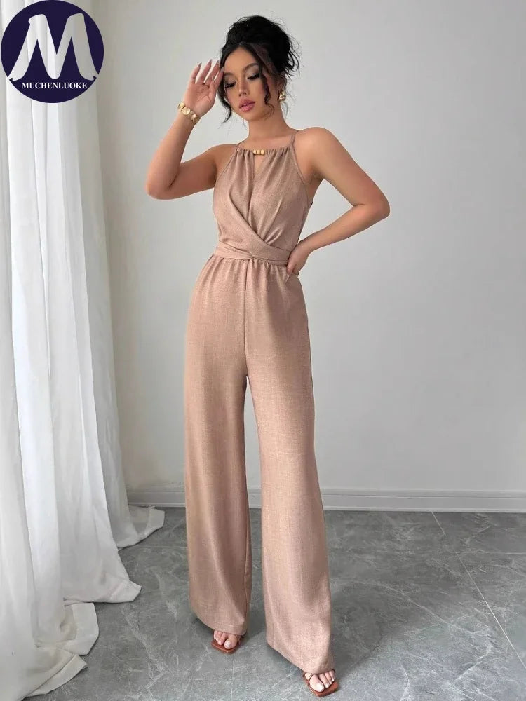 Woman Jumpsuits Elegant Summer Fold Off Shoulder Beads Jumpsuits Fashionable Slim Fit Belt Button High Waist Wide Legs Jumpsuits