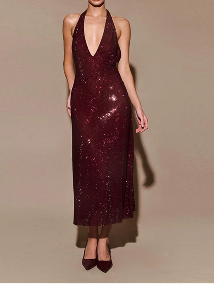 Women's Elegant Maxi Dress, Red, Shinny with Diamonds, A-Line Deep V Neck, Sleeveless Dress