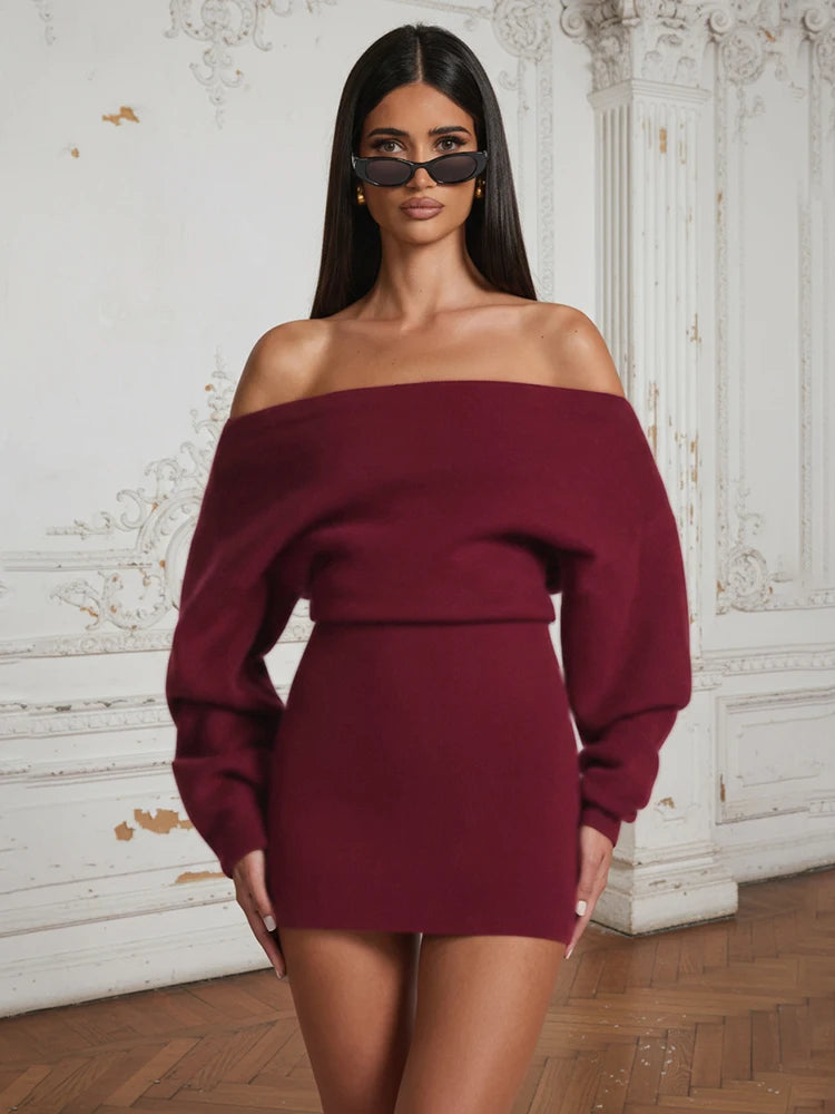 Kliou Female Elegant Mini Dress Autumn Trend Slash Neck Backless Full Sleeve Wrap Hip Street Fashion Basic Classic Style Bodycon