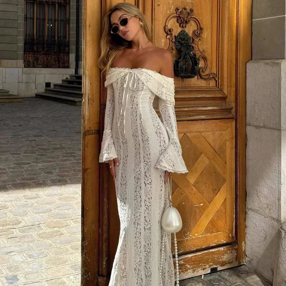 Suninheart White Evening Dresses for Events Red Long Sleeve Lace Elegant Party Dresses