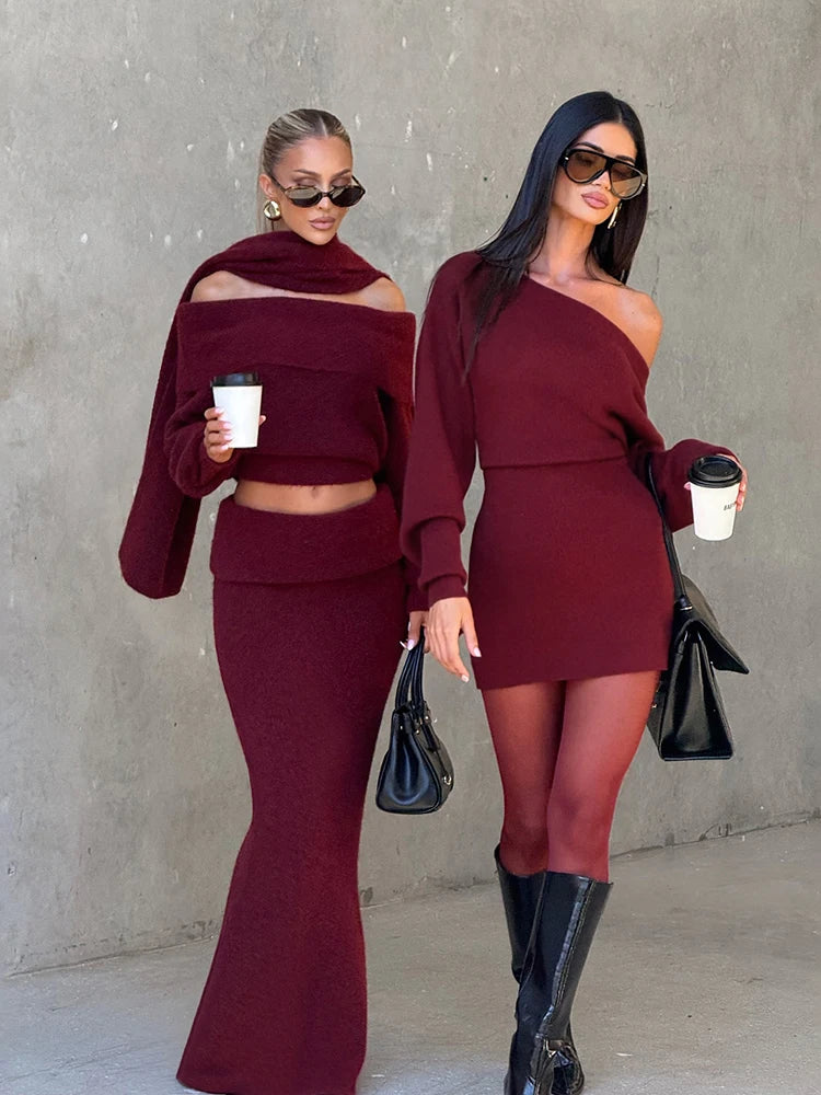 Kliou Female Elegant Mini Dress Autumn Trend Slash Neck Backless Full Sleeve Wrap Hip Street Fashion Basic Classic Style Bodycon