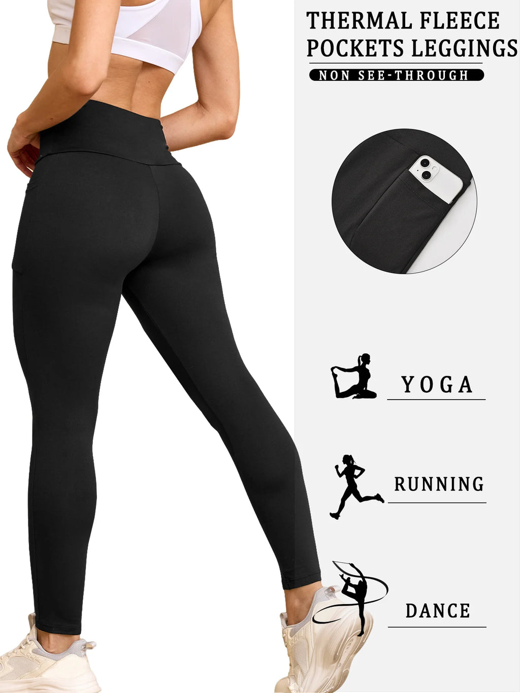 Women's Winter Thermal Leggings with Pockets - High Waisted Fleece Lined Tummy Control Thick Warm Tights for Workout Running