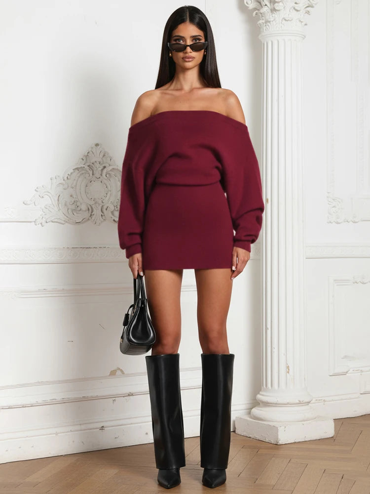 Kliou Female Elegant Mini Dress Autumn Trend Slash Neck Backless Full Sleeve Wrap Hip Street Fashion Basic Classic Style Bodycon