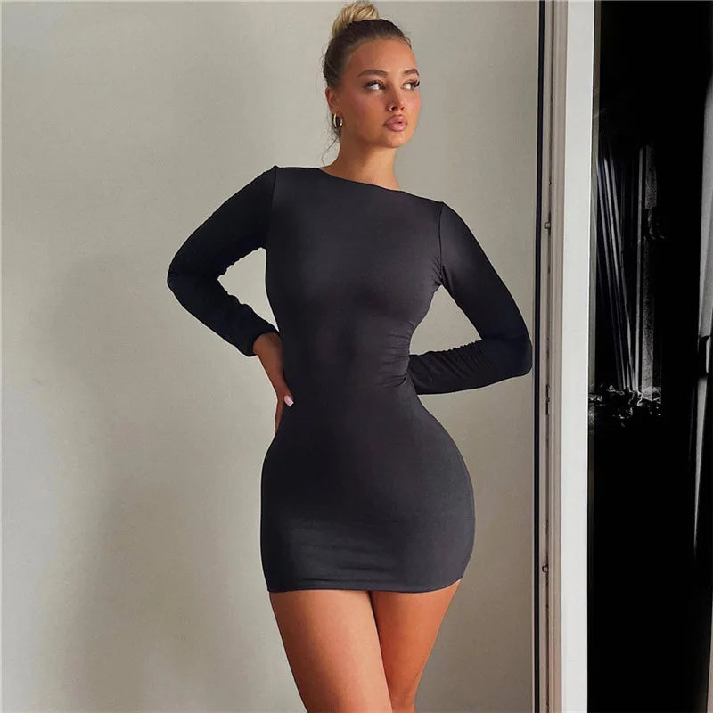 Women's simple classic backless long sleeved O-neck basic casual mini dress women's tight streetwear