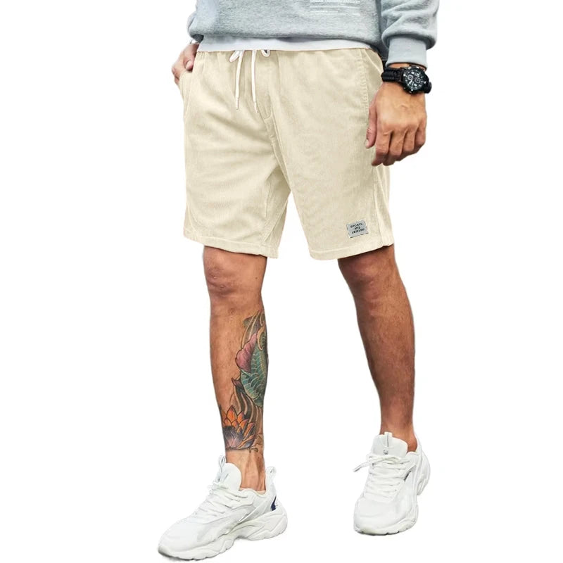 Summer Men's Corduroy Shorts Beach Elastic Waist Drawstring Casual Shorts Fitness Breathable Pants Sport Streetwear