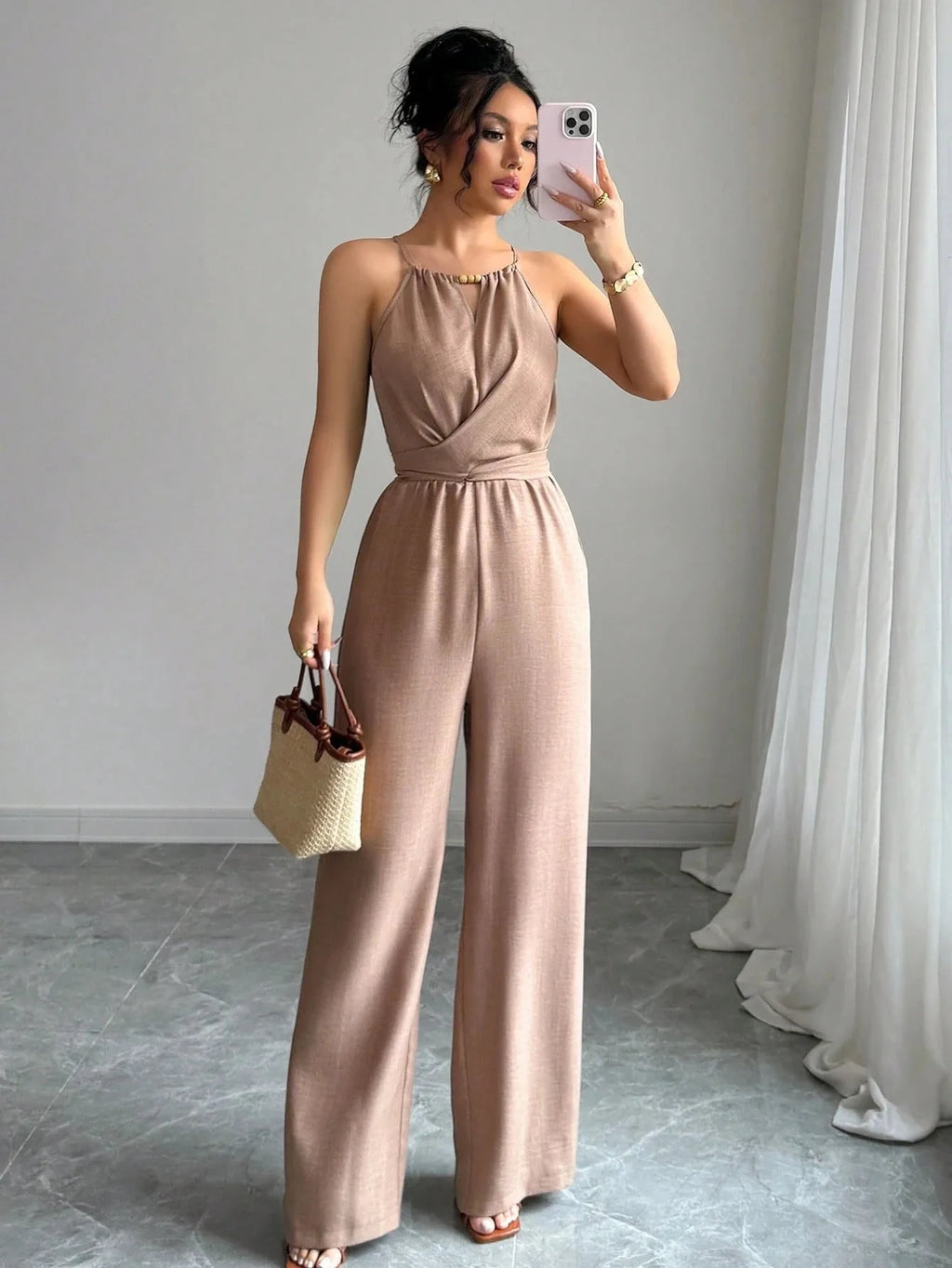 Women's Casual Halter Jumpsuit Spring and Summer Daily Solid Slim-Fit Backless Sleeveless Jumpsuit Lady's Floor-Length Trousers