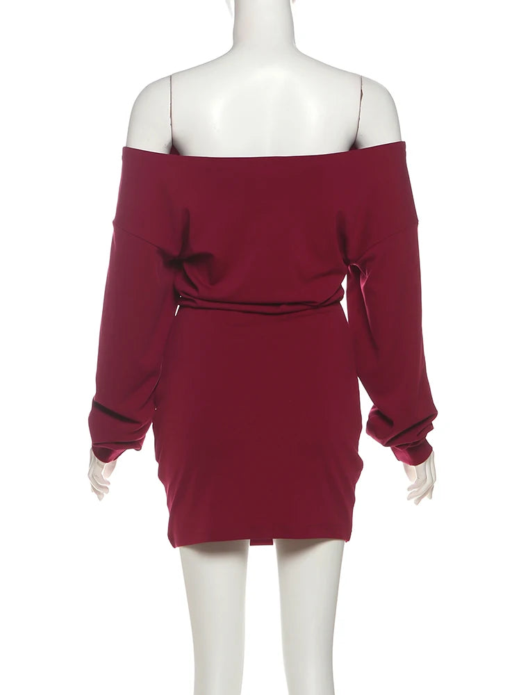 Kliou Female Elegant Mini Dress Autumn Trend Slash Neck Backless Full Sleeve Wrap Hip Street Fashion Basic Classic Style Bodycon