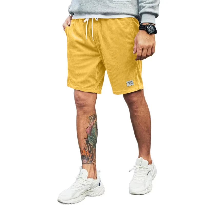 Summer Men's Corduroy Shorts Beach Elastic Waist Drawstring Casual Shorts Fitness Breathable Pants Sport Streetwear