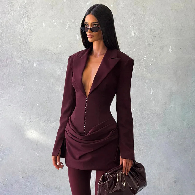 Elegant Deep V Neck Ruched Mini Autumn Long Sleeve Slim High Waist Fashion Patchwork