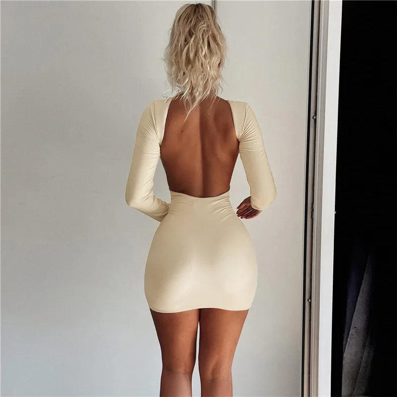 Women's simple classic backless long sleeved O-neck basic casual mini dress women's tight streetwear