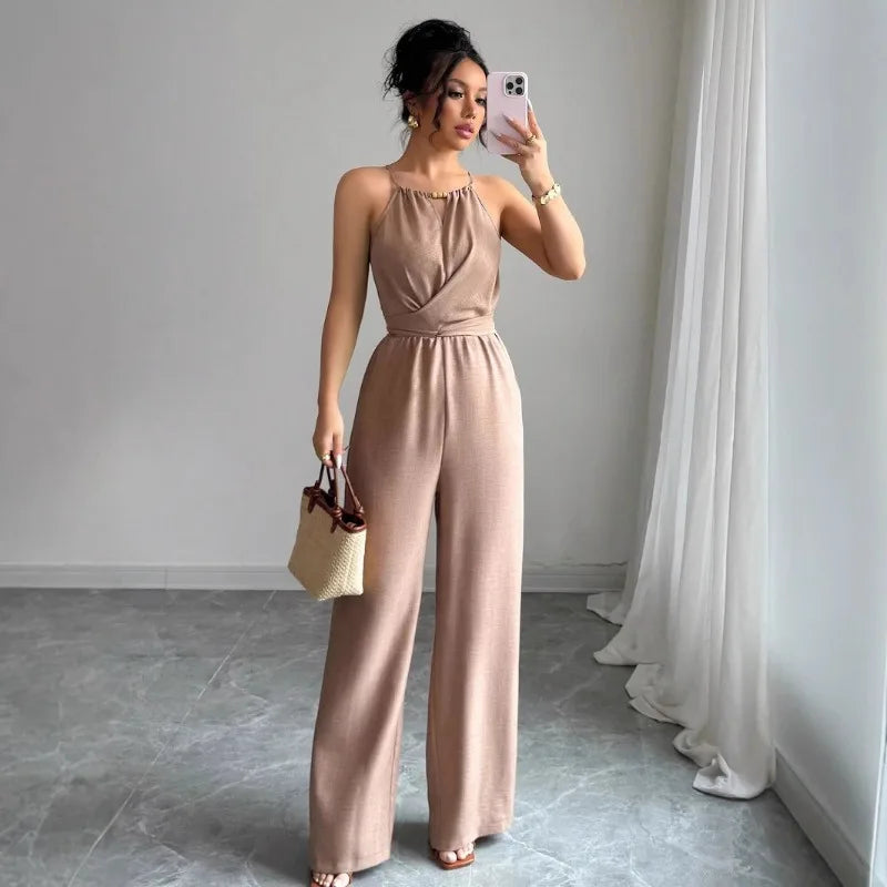 Women's Casual Halter Jumpsuit Spring and Summer Daily Solid Slim-Fit Backless Sleeveless Jumpsuit Lady's Floor-Length Trousers