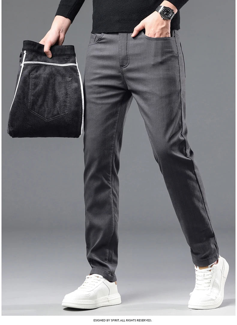 Fleece Pants Men's Winter Thick Slim Elastic Business Casual Velvet Pants Warm Fashion Solid Color Plush Trousers Male