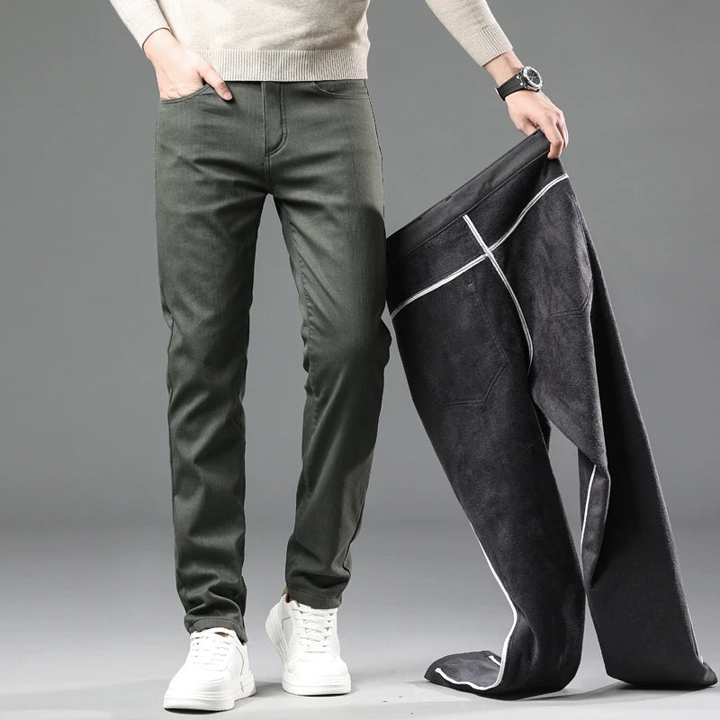 Fleece Pants Men's Winter Thick Slim Elastic Business Casual Velvet Pants Warm Fashion Solid Color Plush Trousers Male