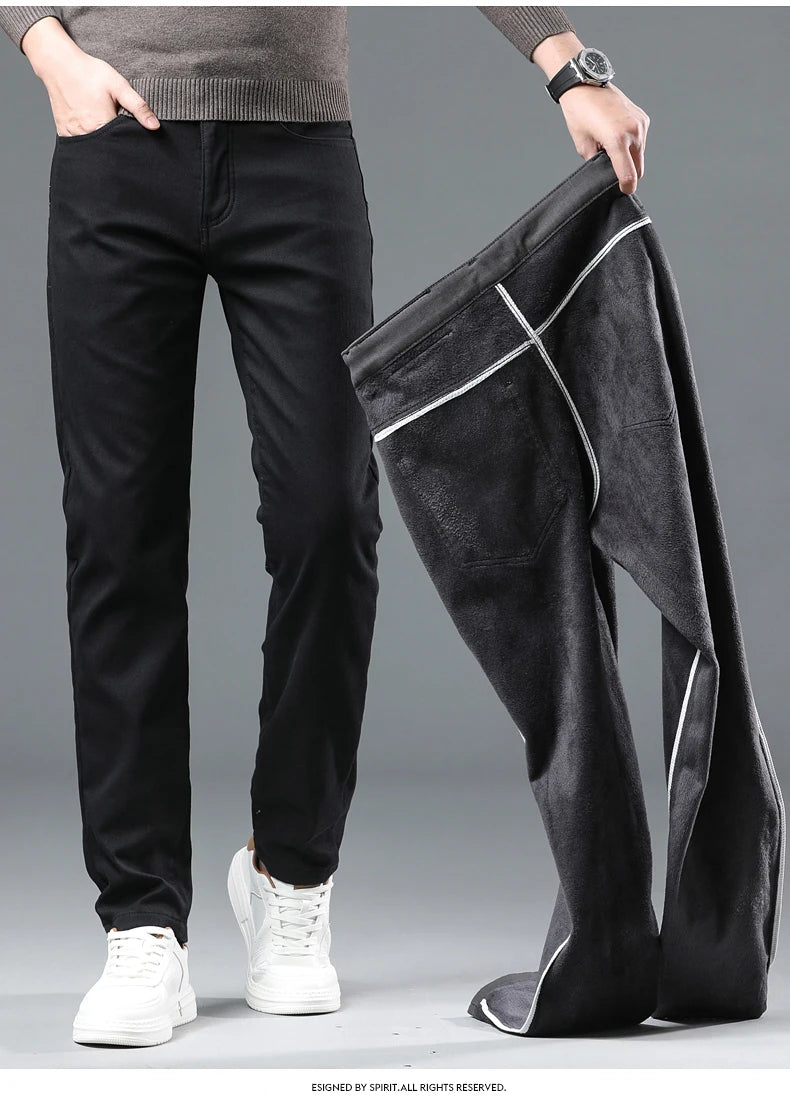 Fleece Pants Men's Winter Thick Slim Elastic Business Casual Velvet Pants Warm Fashion Solid Color Plush Trousers Male
