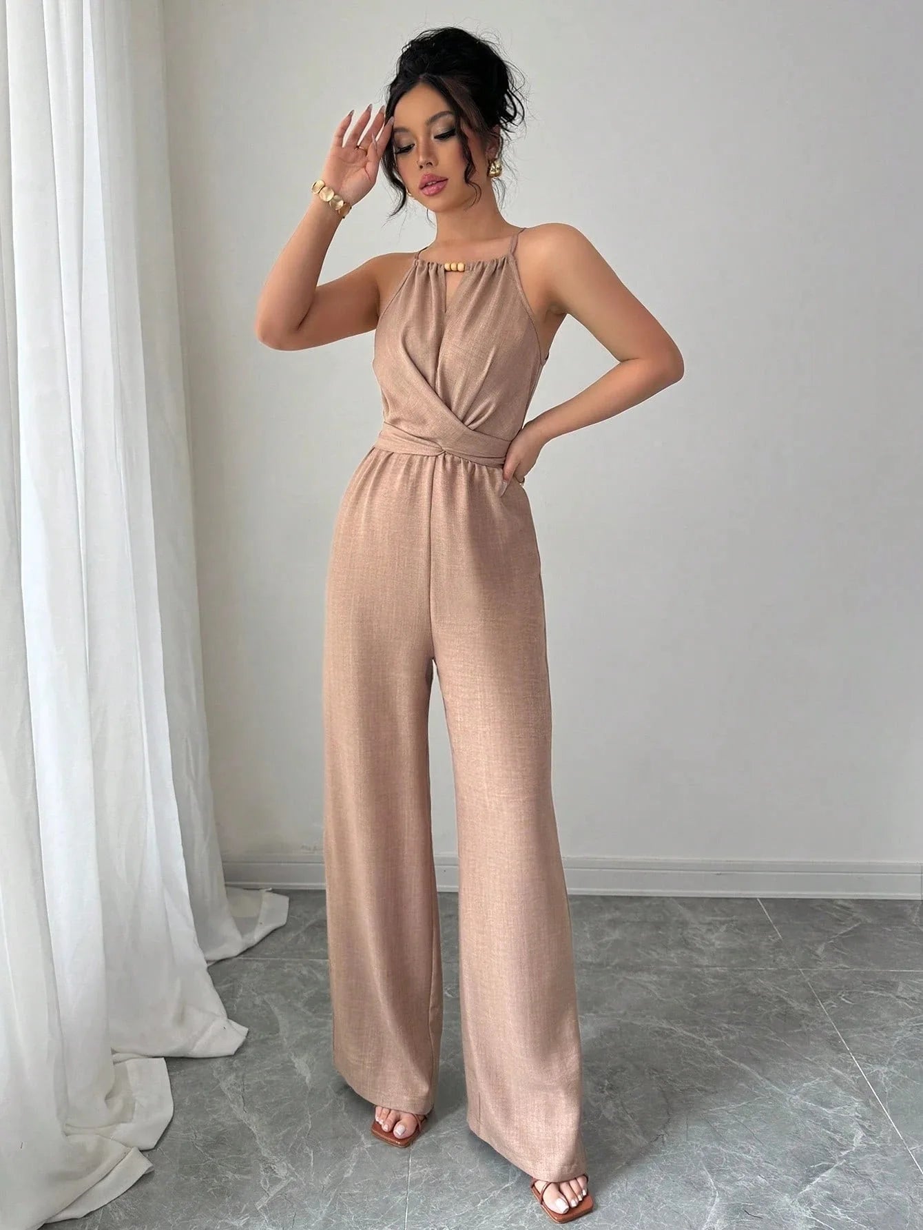 Women's Casual Halter Jumpsuit Spring and Summer Daily Solid Slim-Fit Backless Sleeveless Jumpsuit Lady's Floor-Length Trousers