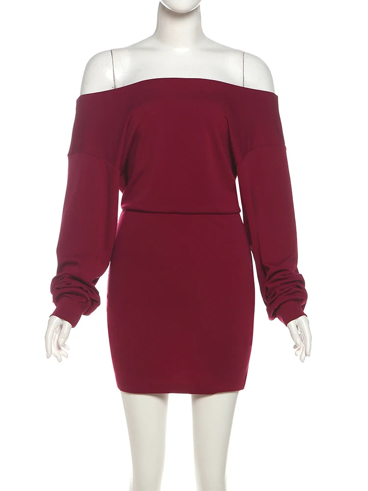 Kliou Female Elegant Mini Dress Autumn Trend Slash Neck Backless Full Sleeve Wrap Hip Street Fashion Basic Classic Style Bodycon