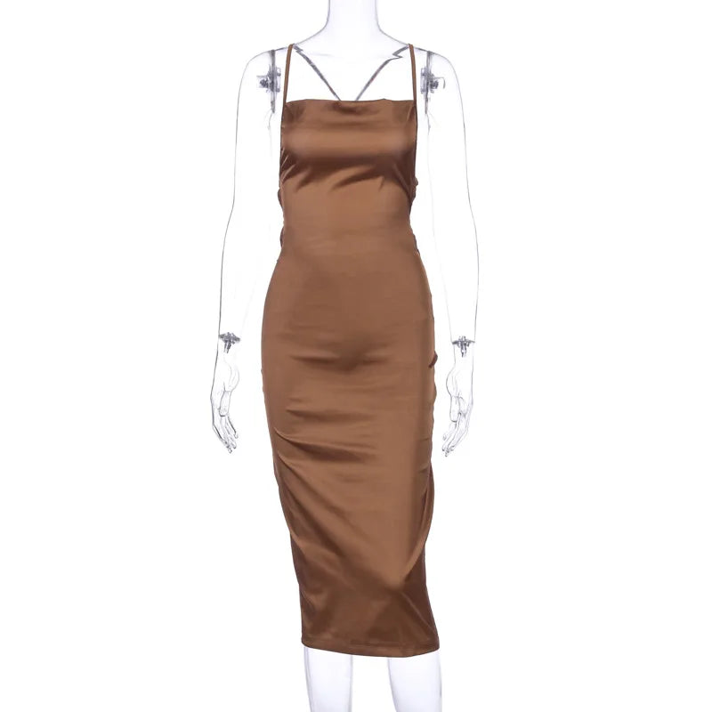 European and American Spring/Summer New Style Sling Women's Elegant Dress Split Solid Color Dress