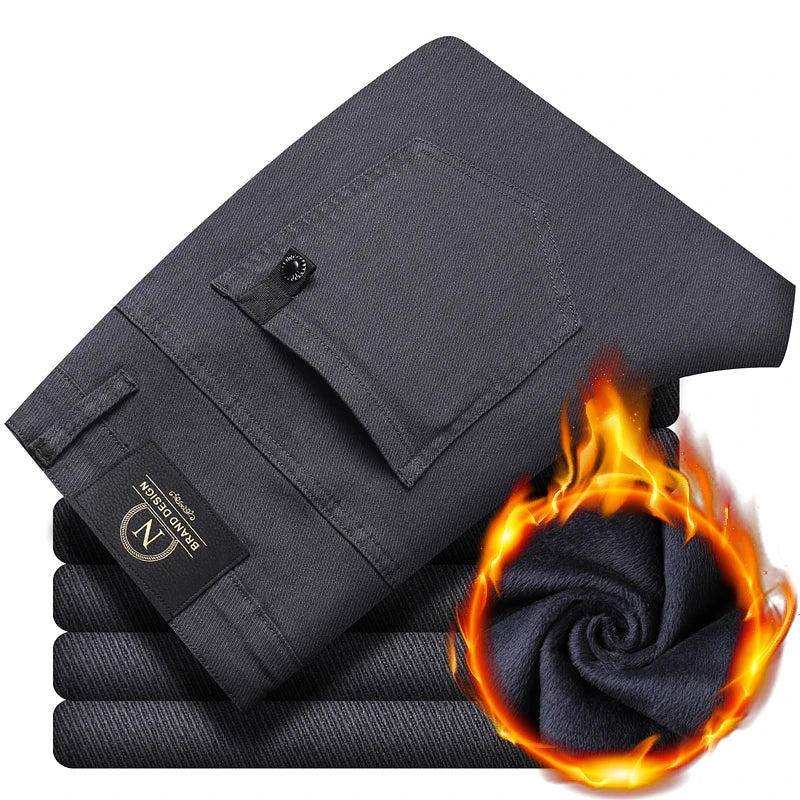 Fleece Pants Men's Winter Thick Slim Elastic Business Casual Velvet Pants Warm Fashion Solid Color Plush Trousers Male