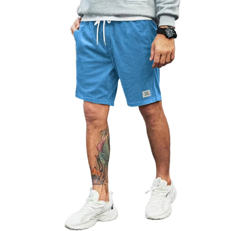 Summer Men's Corduroy Shorts Beach Elastic Waist Drawstring Casual Shorts Fitness Breathable Pants Sport Streetwear