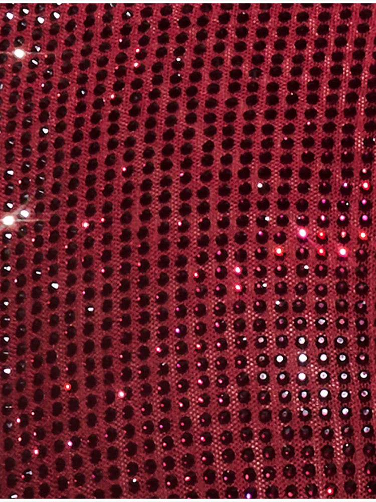 Women's Elegant Maxi Dress, Red, Shinny with Diamonds, A-Line Deep V Neck, Sleeveless Dress