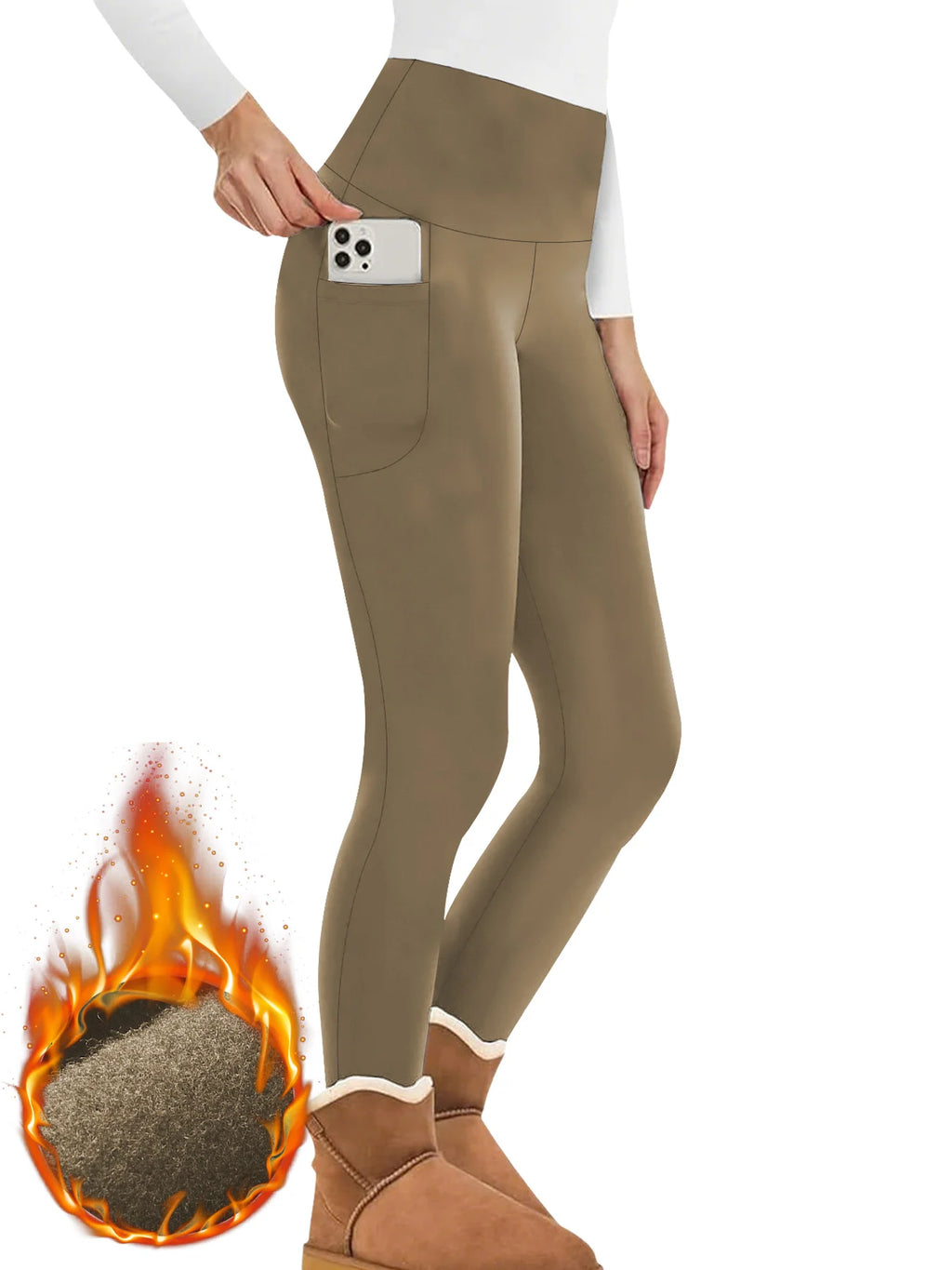 Women's Winter Thermal Leggings with Pockets - High Waisted Fleece Lined Tummy Control Thick Warm Tights for Workout Running