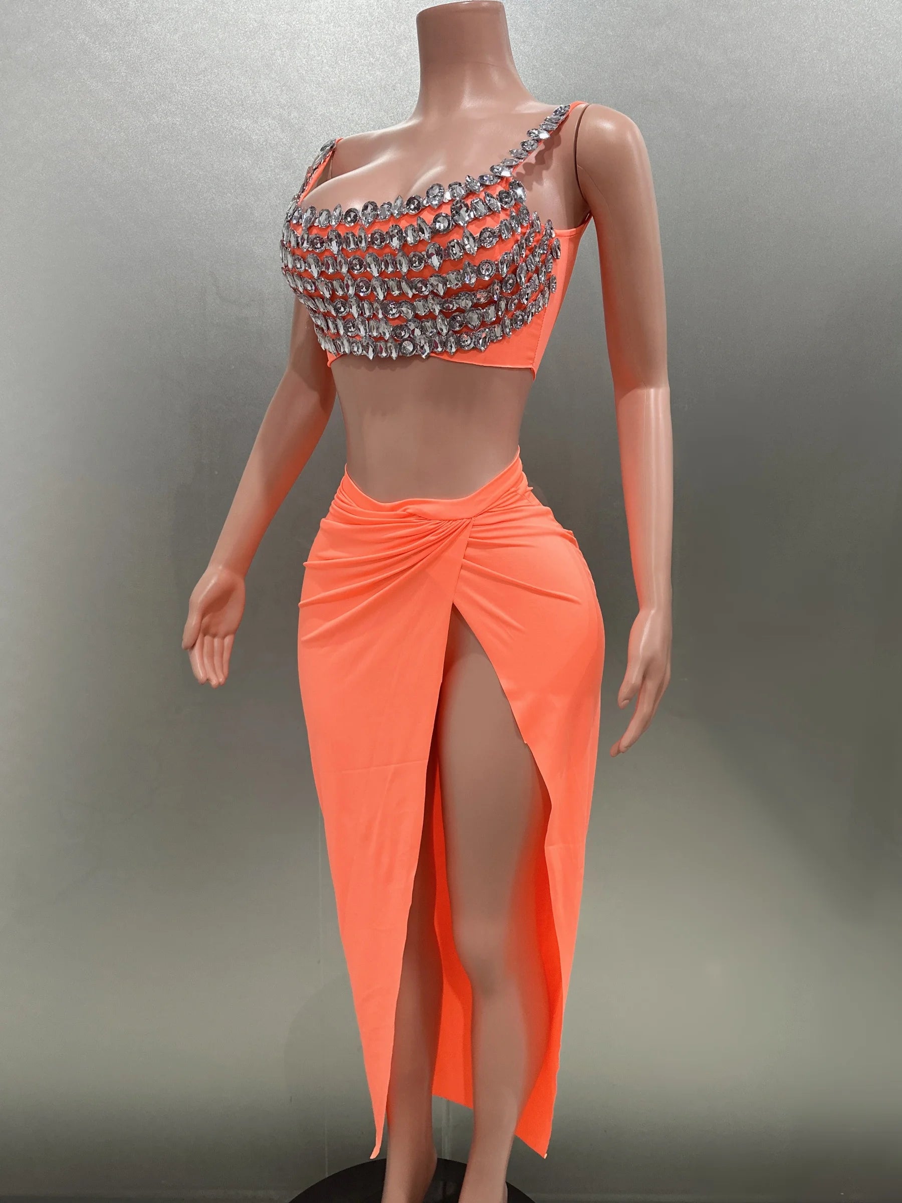 Sparkly Diamond Sexy Mini Tops Slit Sheath Skirt Two-Pieces Evening Party Performance Costume Nightclub Singer Stage Wear Sets