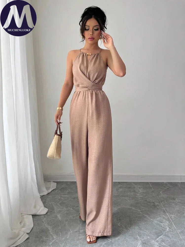 Woman Jumpsuits Elegant Summer Fold Off Shoulder Beads Jumpsuits Fashionable Slim Fit Belt Button High Waist Wide Legs Jumpsuits