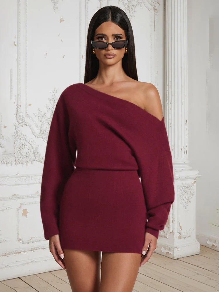 Kliou Female Elegant Mini Dress Autumn Trend Slash Neck Backless Full Sleeve Wrap Hip Street Fashion Basic Classic Style Bodycon