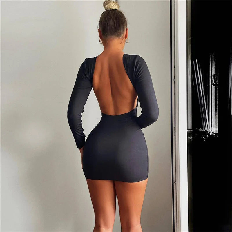 Women's simple classic backless long sleeved O-neck basic casual mini dress women's tight streetwear