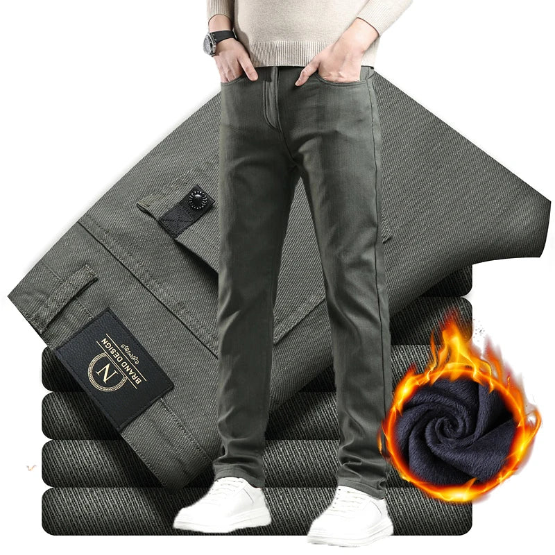 Fleece Pants Men's Winter Thick Slim Elastic Business Casual Velvet Pants Warm Fashion Solid Color Plush Trousers Male