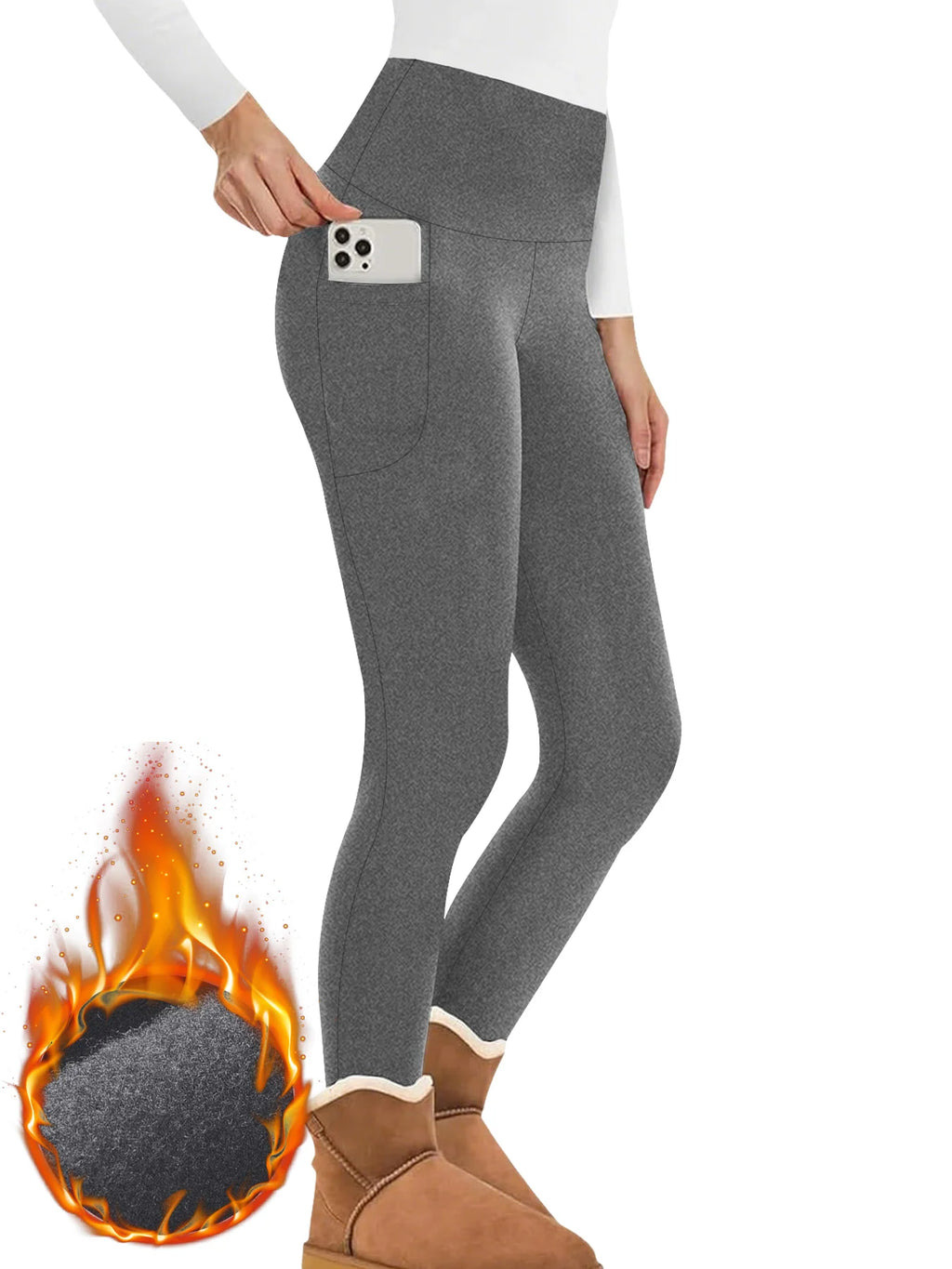 Women's Winter Thermal Leggings with Pockets - High Waisted Fleece Lined Tummy Control Thick Warm Tights for Workout Running